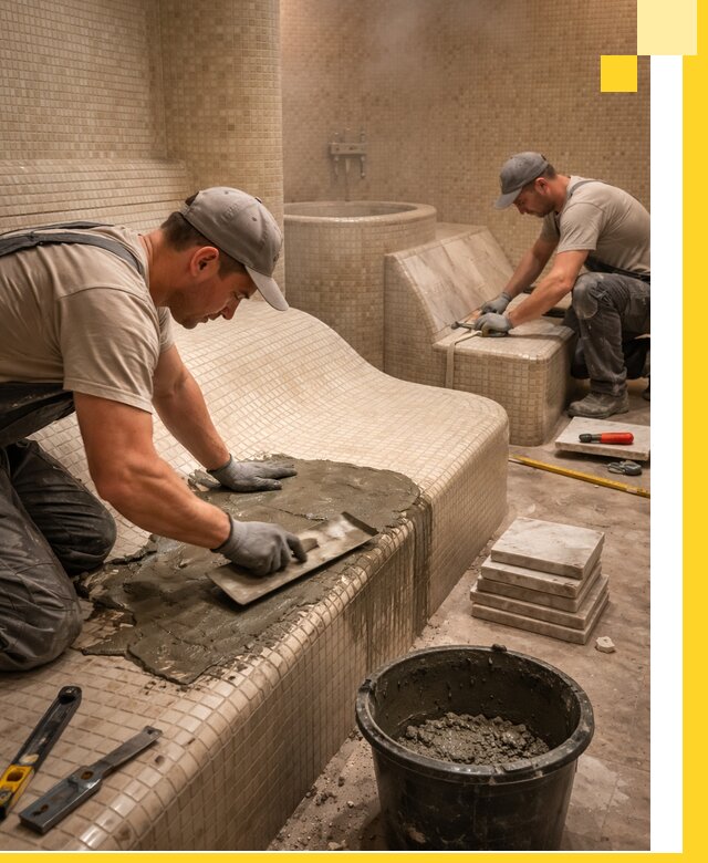 Лежаки для хамама под ключ в Москве, проект и монтаж